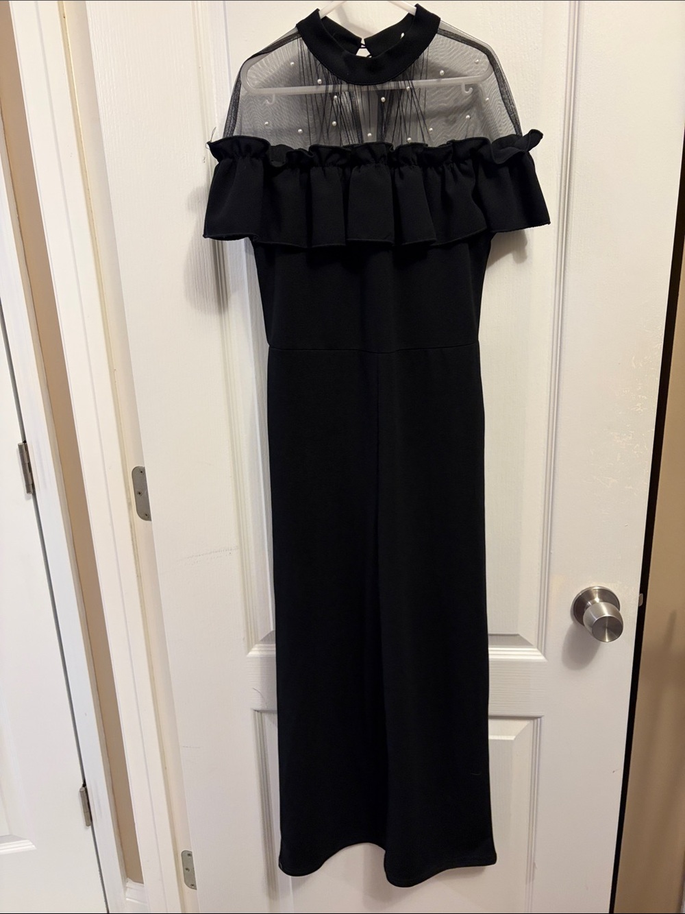 Black Ruffled Off-Shoulder Jumpsuit with Sheer Pearl Yoke